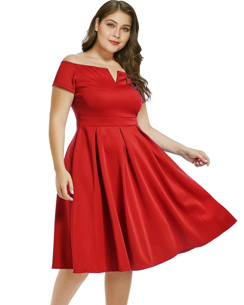 LALAGEN Women's Plus Size Vintage 1950s Party Cocktail Wedding Swing Midi Dress Red XXXL - Image 2